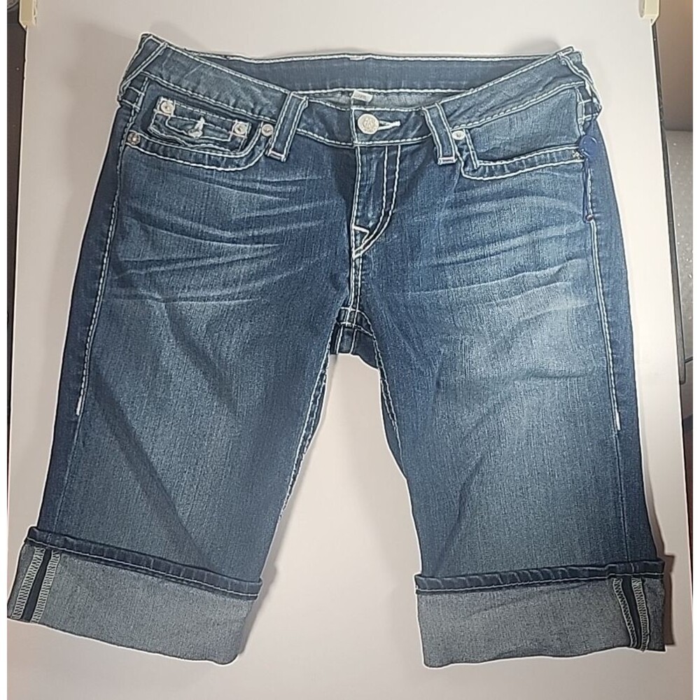 True Religion Shorts Women's 30 Pink Knee Length Roll Cuff Low Rise Blue Jean
